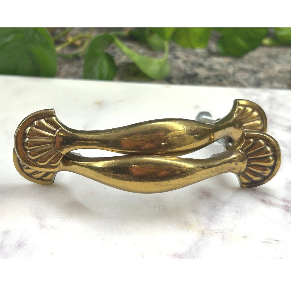 Vintage Art Deco Brass Drawer Pulls Shell Fan Design N20889 Set of 2